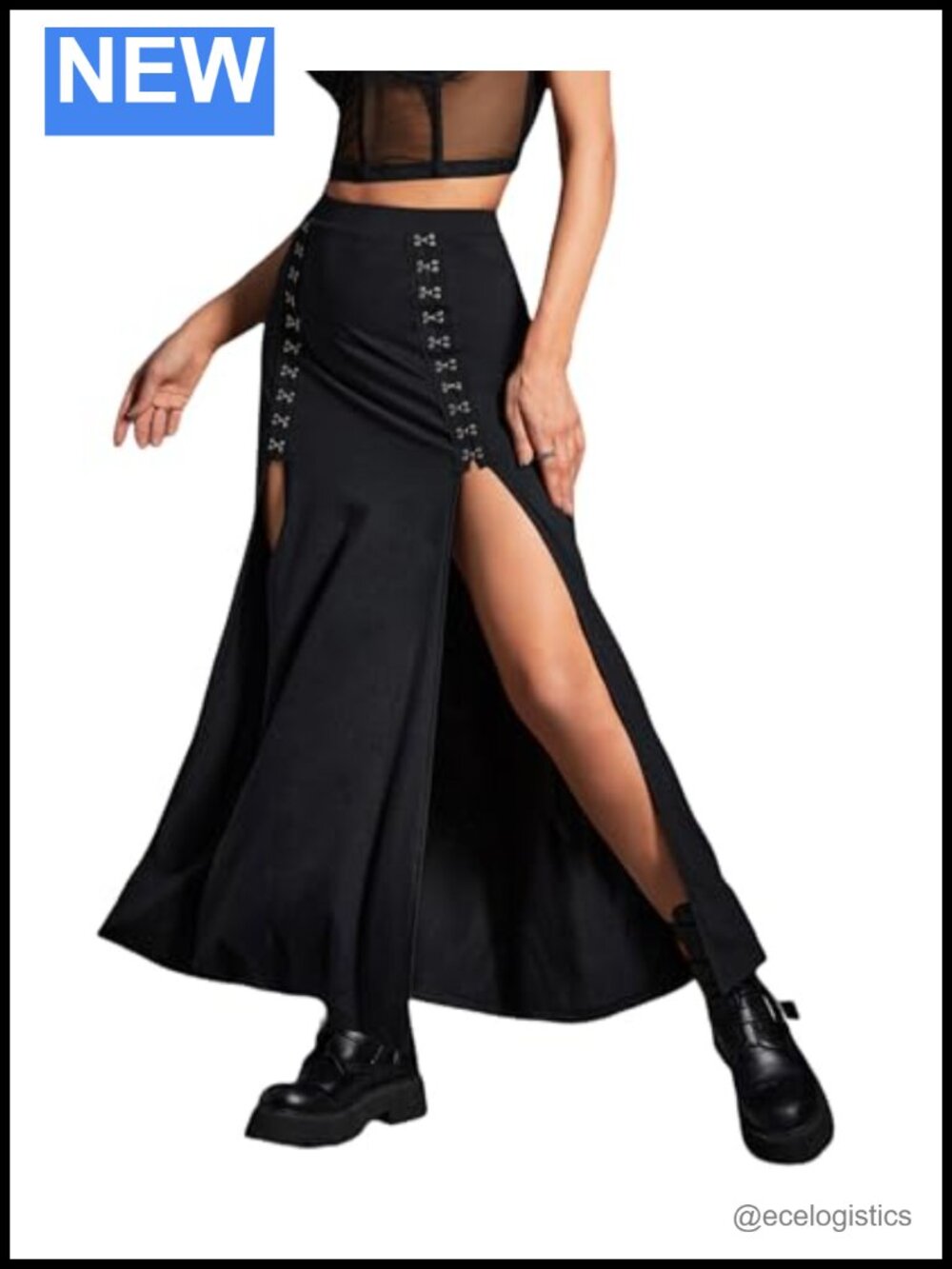 Double Slit Maxi Skirt High Waisted Goth Long Skirt with Hook Buckle